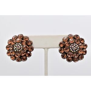 Tara Vintage Brown Crystal Rhinestone Cluster Clip On Flower Earrings AB BinAO